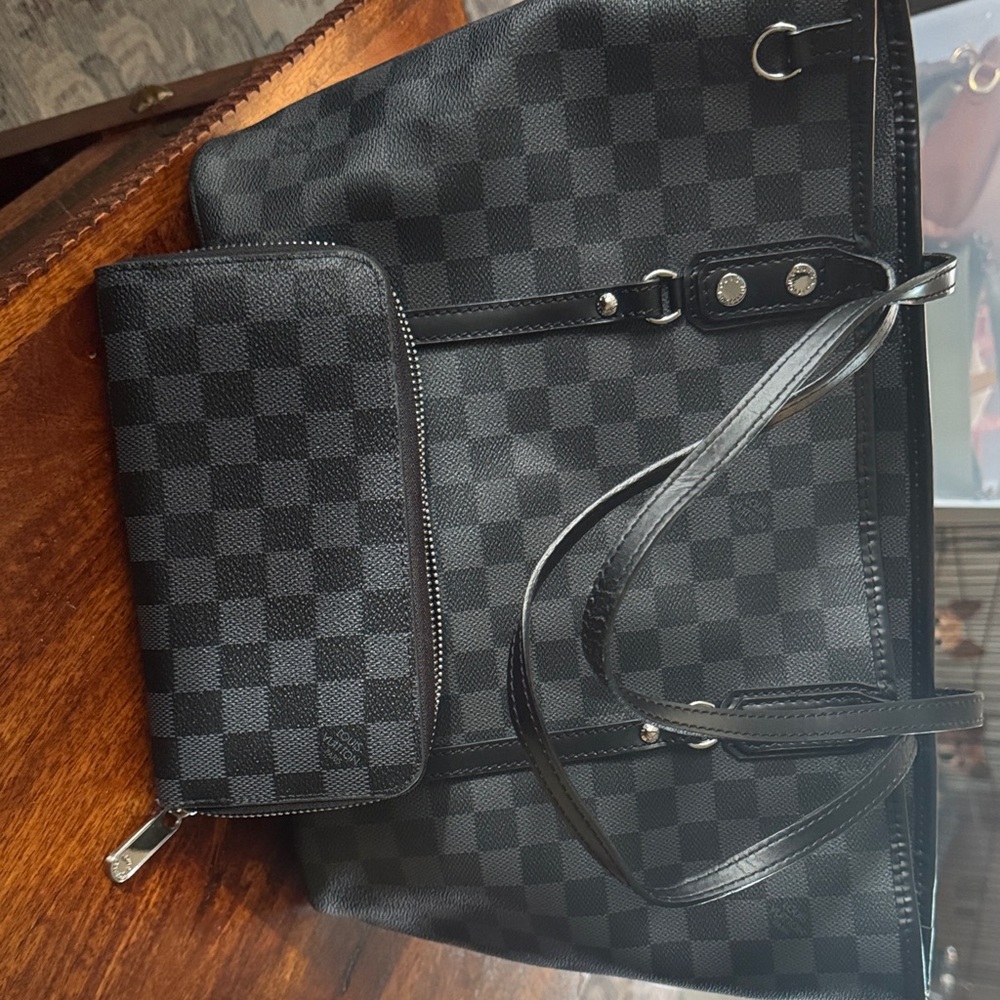 Louis Vuitton Black Checkered Tote with matching wallet